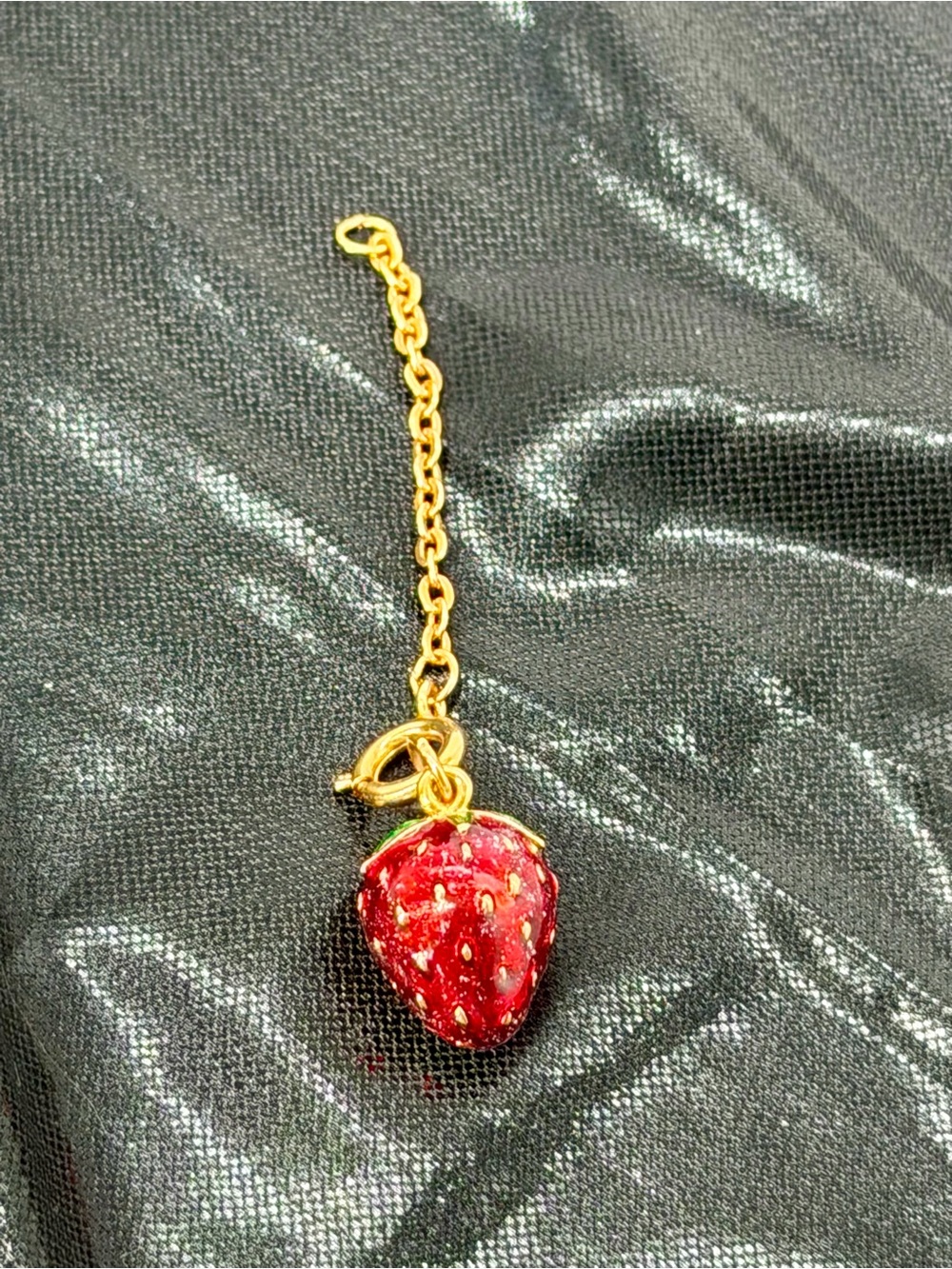 Vintage Joan Rivers Enamel Strawberry Charm Gold Tone Extender Chain Rare